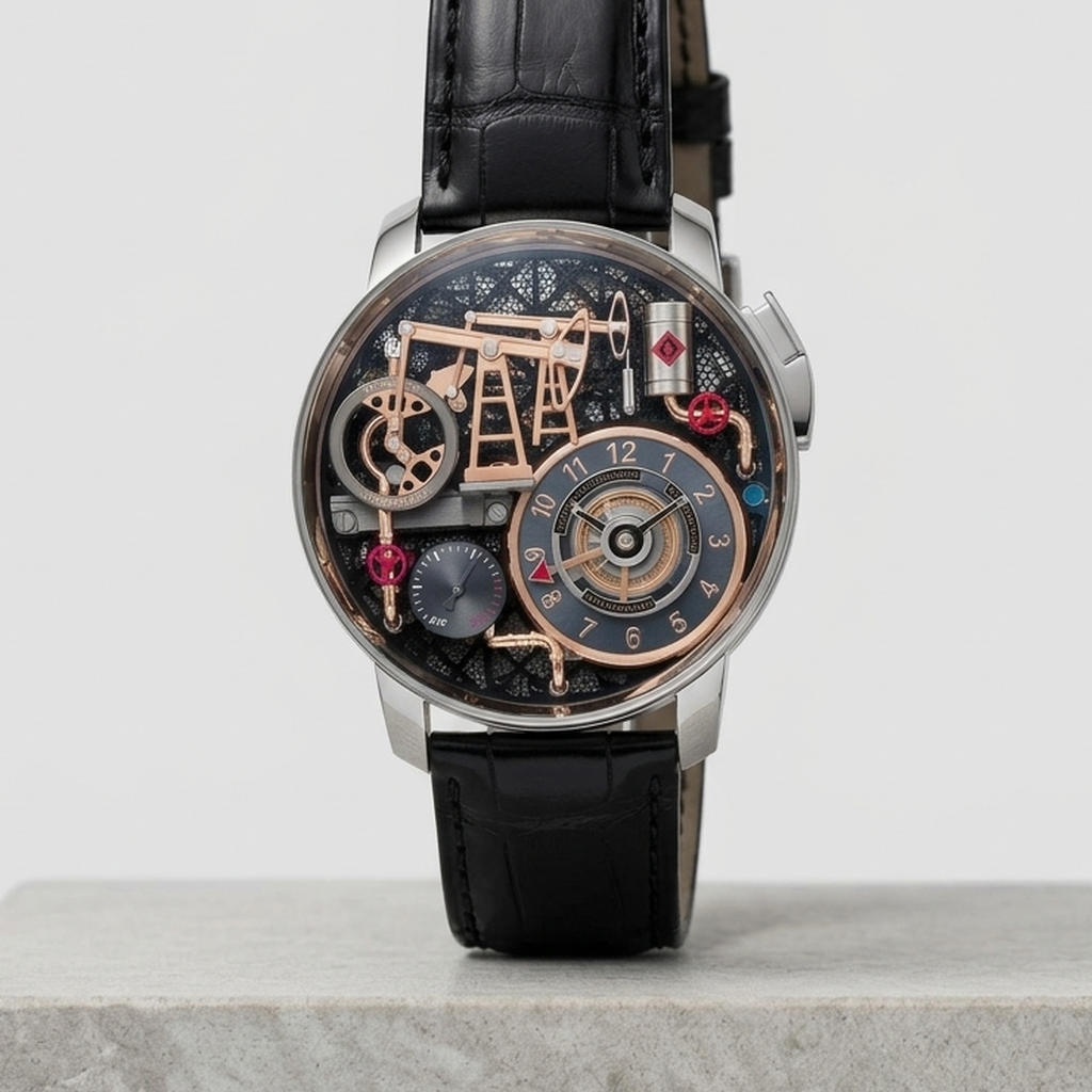 Oil pump automatic watch with a silver case on a black strap, standing on pale grey stone with the whole strap in view