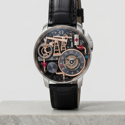 Oil pump automatic watch with a silver case on a black strap, standing on pale grey stone with the whole strap in view