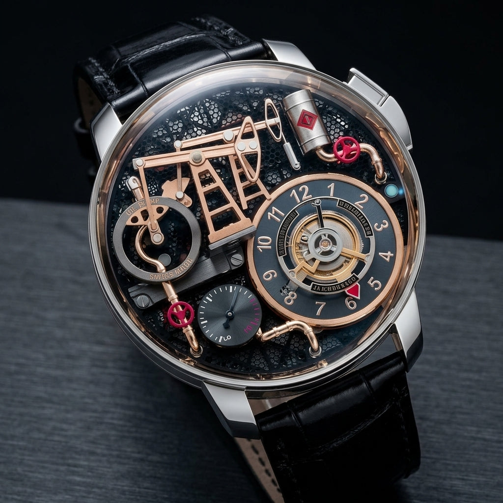 The silver-case oil pump watch at a three-quarter angle on dark slate, its pusher at two o'clock catching the light