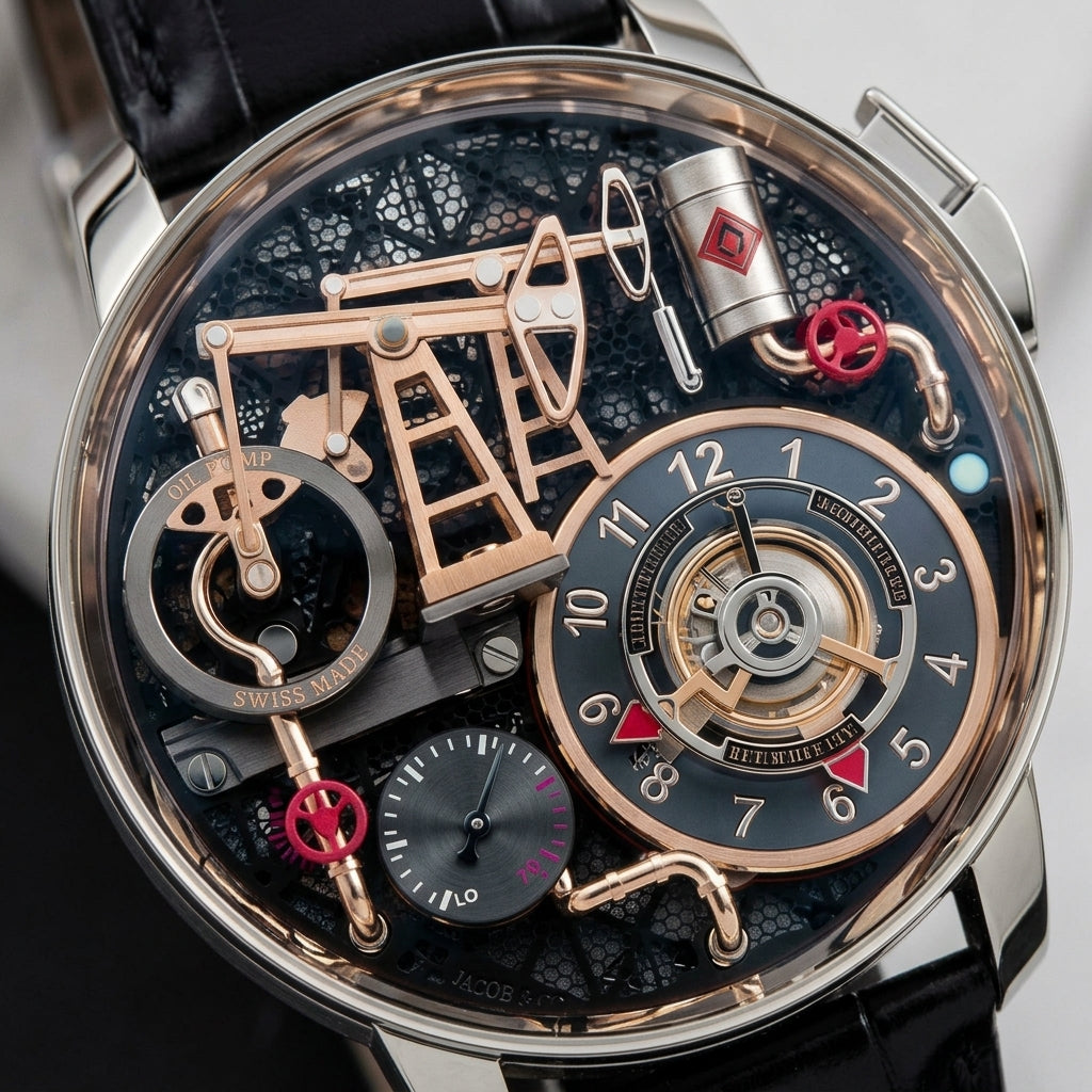 Macro of the oil pump dial: the rose-gold derrick, the red valve wheels, the silver oil barrel and the slate hour ring