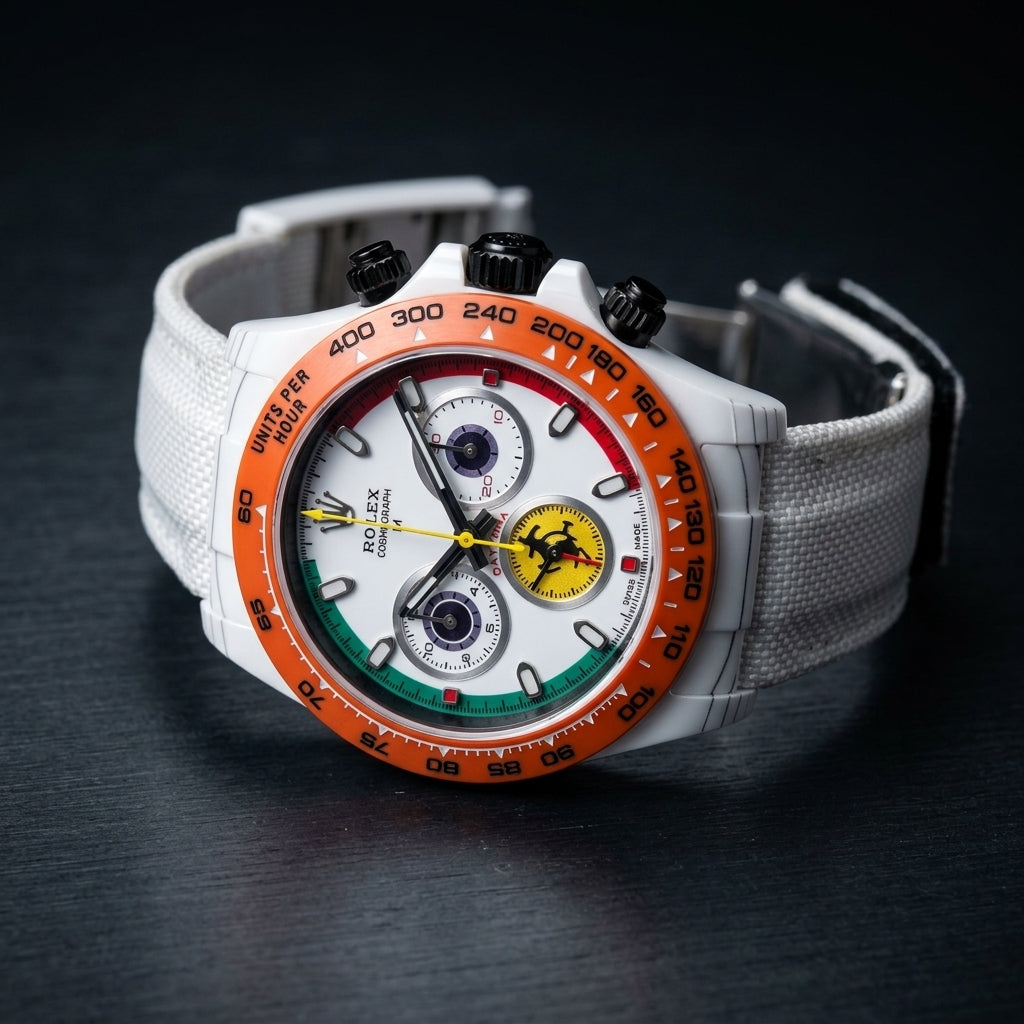 Racing Chronograph — White Ceramic, Orange Bezel — three-quarter view showing case and bracelet profile