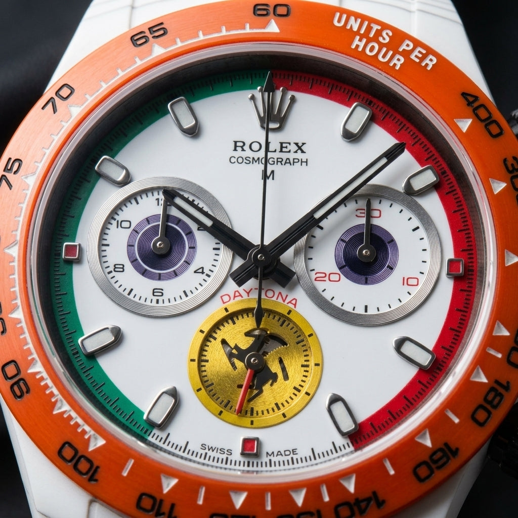 Racing Chronograph — White Ceramic, Orange Bezel — macro of the dial and bezel detail
