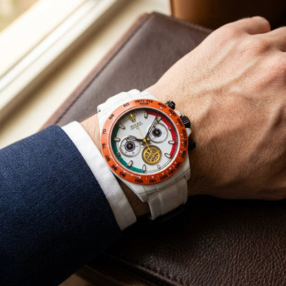Racing Chronograph — White Ceramic, Orange Bezel — worn on the wrist under a tailored cuff
