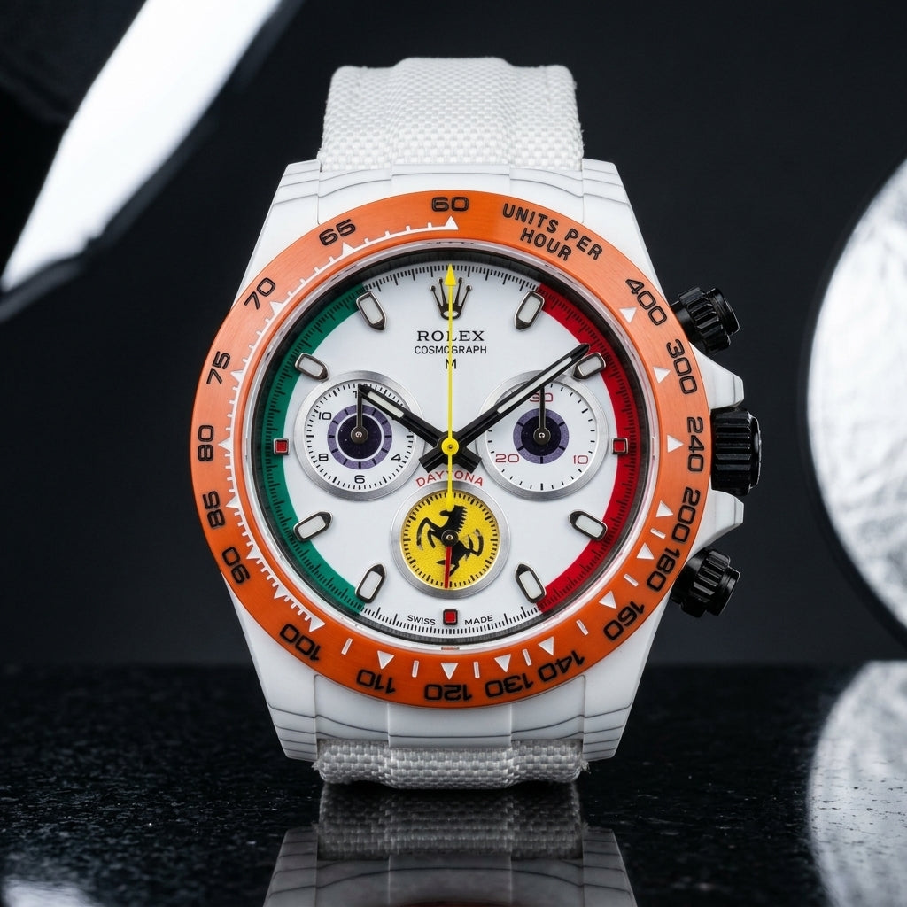Racing Chronograph — White Ceramic, Orange Bezel — alternate studio angle