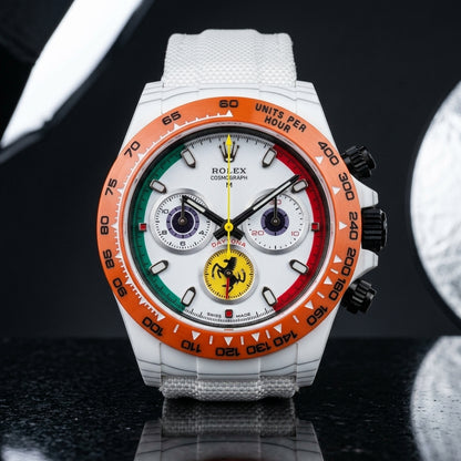 Racing Chronograph — White Ceramic, Orange Bezel — alternate studio angle