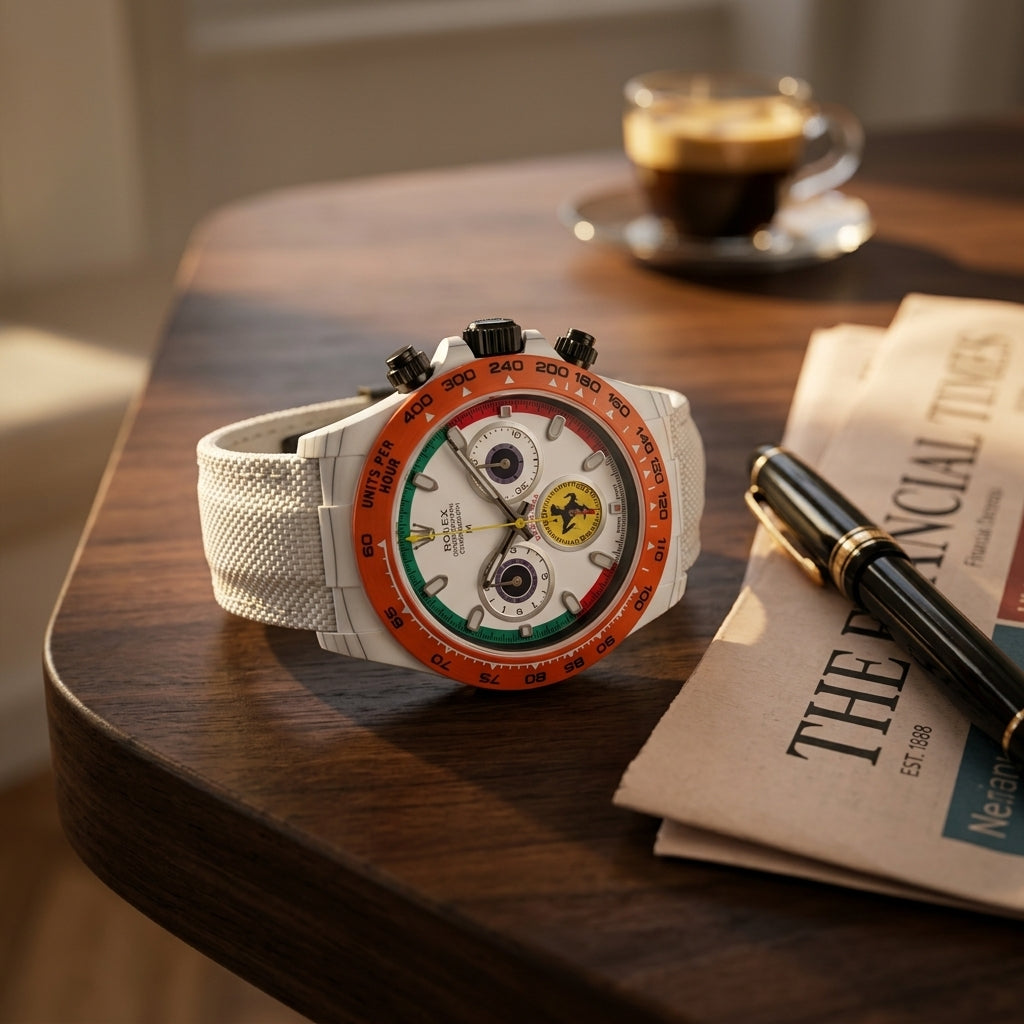 White ceramic chronograph with an orange bezel on a dark walnut desk beside a fountain pen