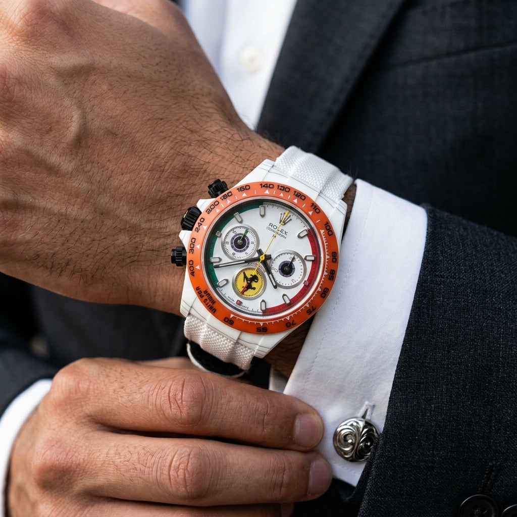 White ceramic chronograph with an orange bezel on the wrist as a shirt cuff is fastened