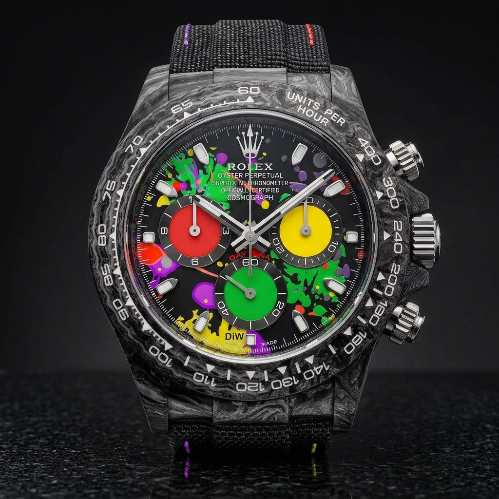 Forged-carbon chronograph with a black paint-splash dial in green, yellow, purple and red on pale stone