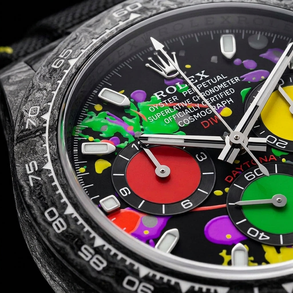 Macro of the splashed dial and its red, yellow and green counters