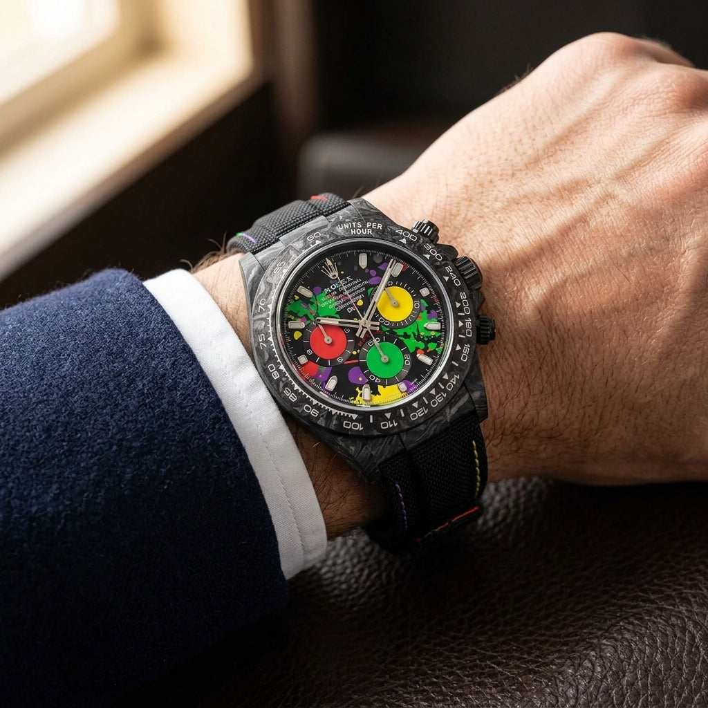 Forged-carbon chronograph on a black woven strap with coloured stitching, worn under a cuff