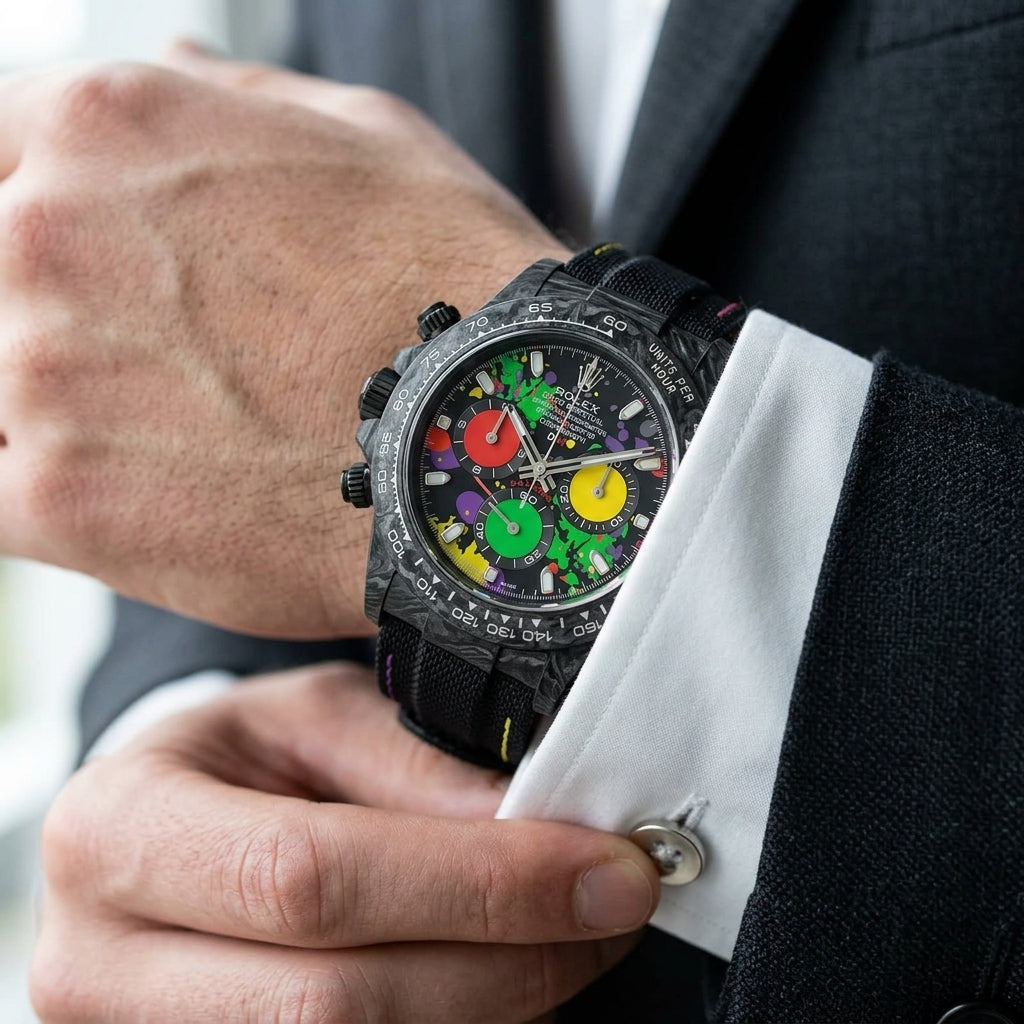 Forged-carbon chronograph with a black paint-splash dial in green, yellow, purple and red on the wrist as a shirt cuff is fastened