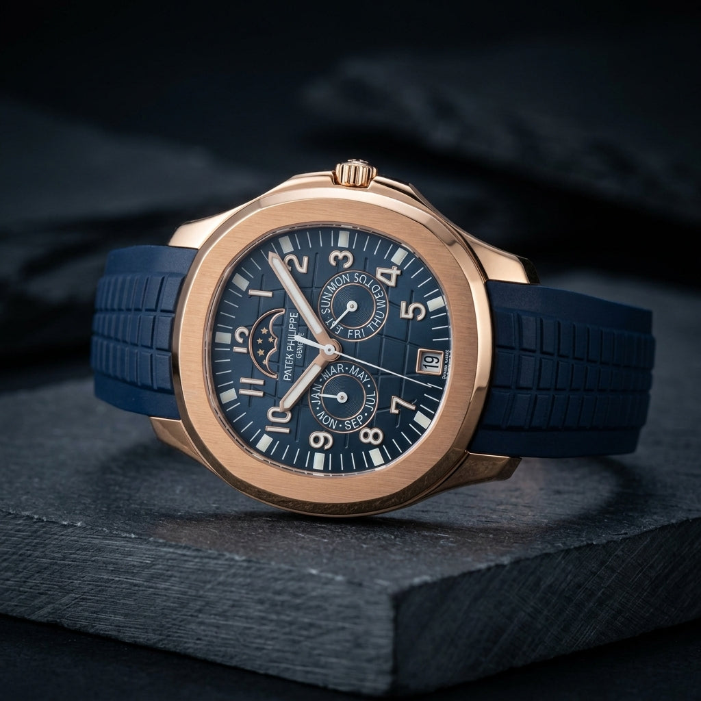 Three-quarter view showing the case profile and bracelet of the Moon Phase