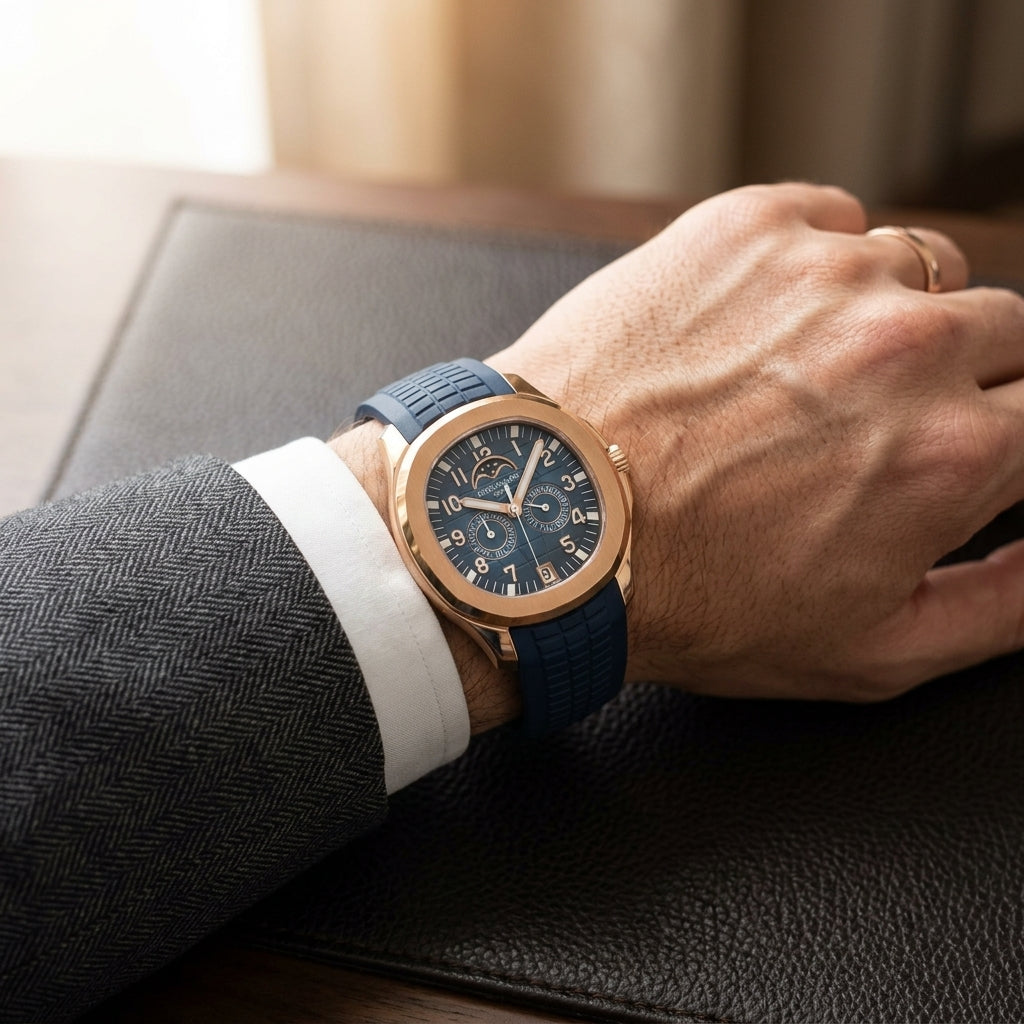 The Moon Phase worn on the wrist beneath a tailored shirt cuff