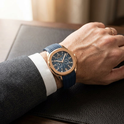 The Moon Phase worn on the wrist beneath a tailored shirt cuff