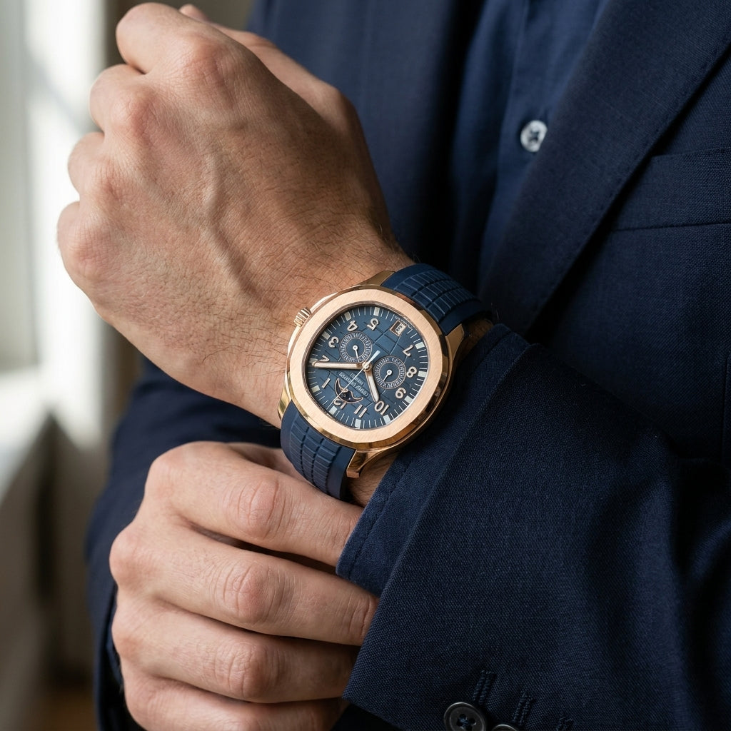 Moon Phase Chronograph — Rose Gold Bezel, Embossed Blue Dial — editorial photograph