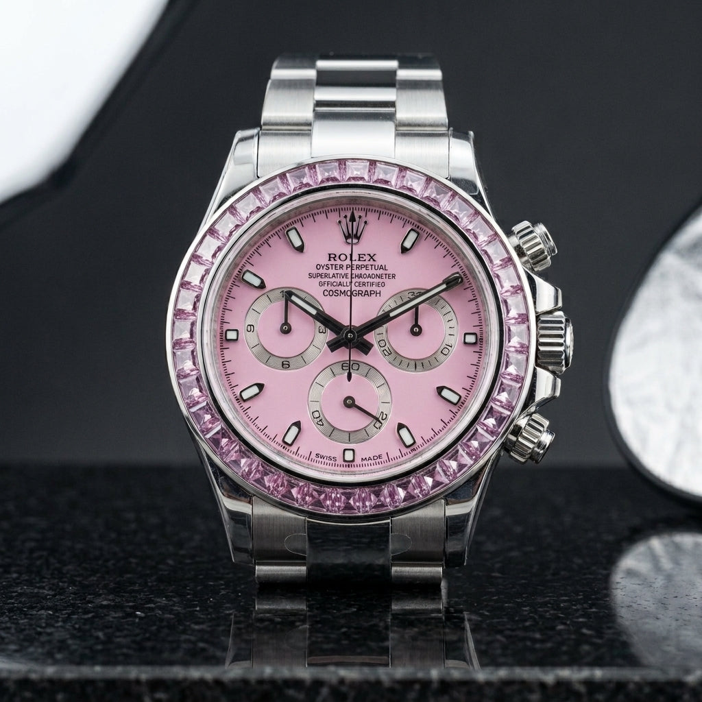 Steel chronograph with pale pink dial and pink stone bezel on black granite