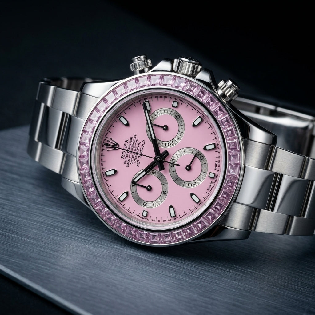 Pink dial steel chronograph at a three-quarter angle on dark slate