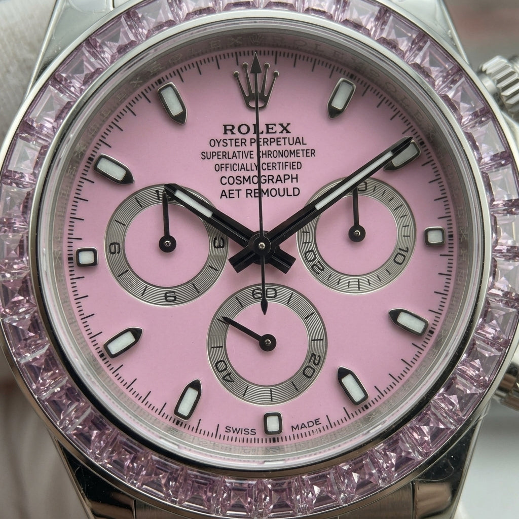 Macro of the pink dial, silver counters and square-cut pink stone bezel