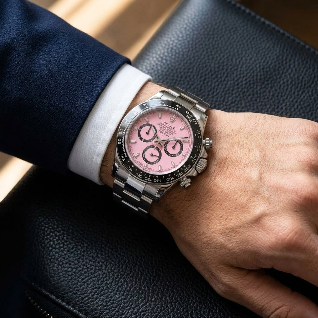Pink-dial steel chronograph worn under a grey suit cuff