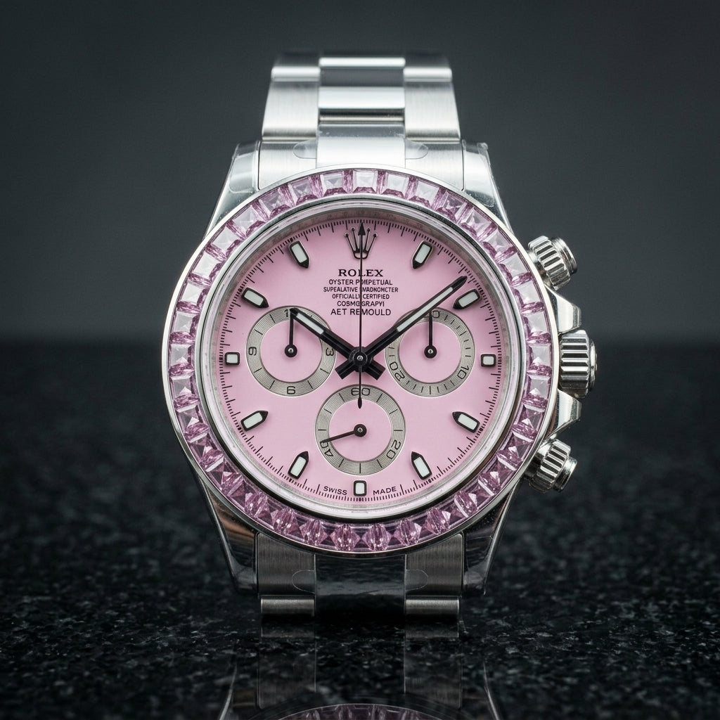 Pink dial steel chronograph worn under a navy suit cuff