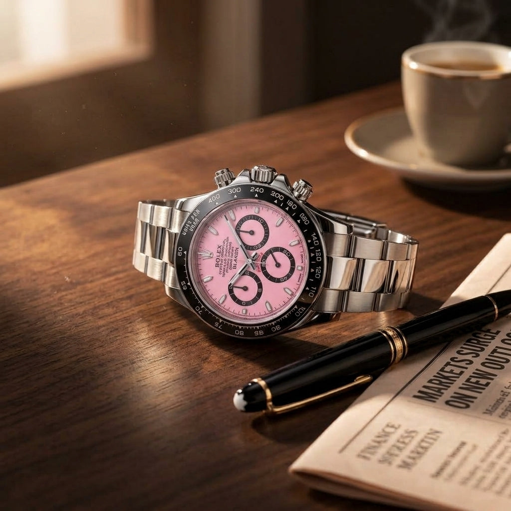 Pink-dial steel racing chronograph on a dark walnut desk beside a fountain pen