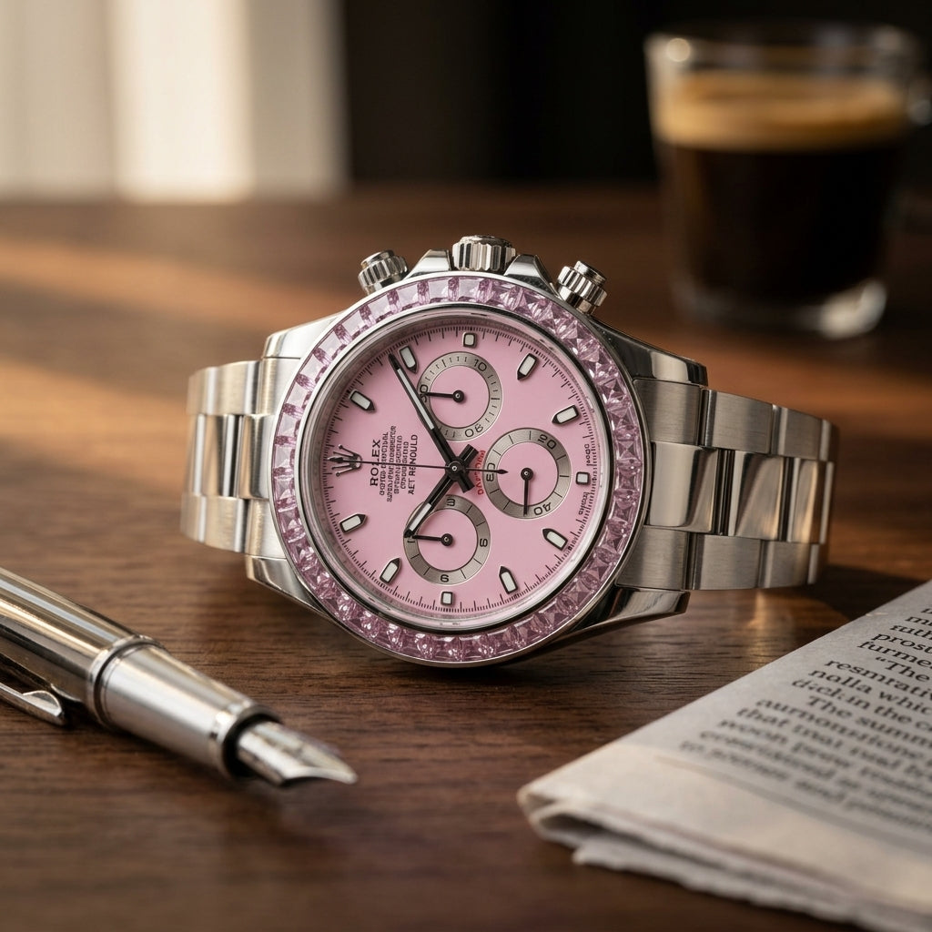 Steel chronograph with a soft pink dial and a matched pink stone bezel on a dark walnut desk beside a fountain pen