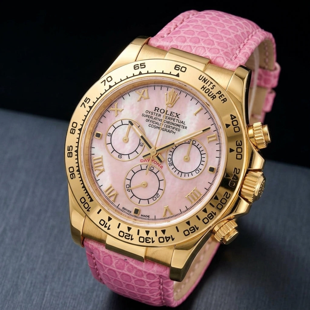 Gold-tone chronograph at a three-quarter angle on dark slate, its screw-down crown and fluted pushers beside a pink lizard-grain strap