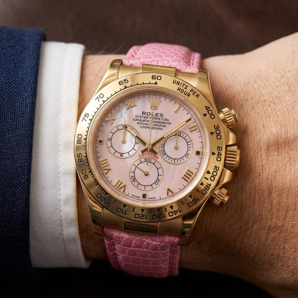 Gold-tone chronograph with a pink mother-of-pearl dial on a pink lizard-grain strap, worn on the wrist below a navy suit cuff