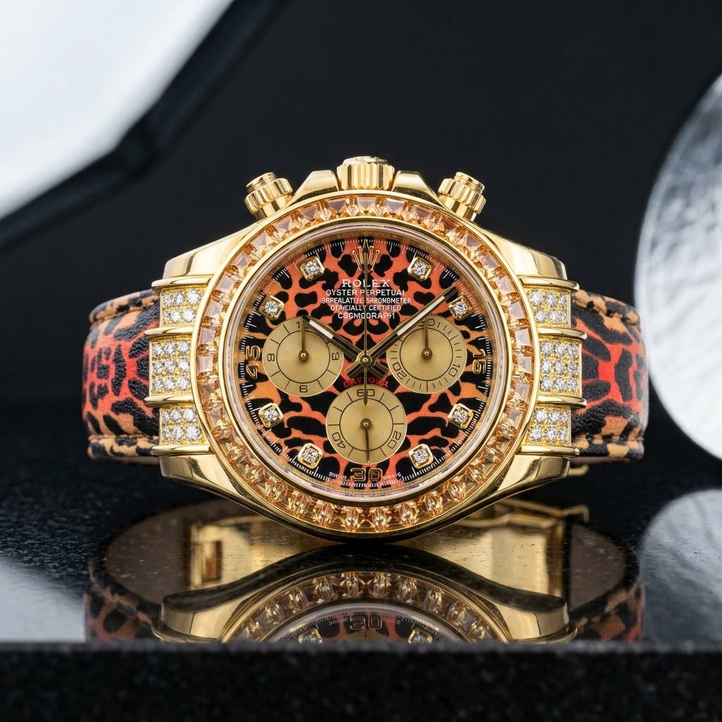 Yellow gold chronograph with leopard print dial and champagne stone bezel on black granite