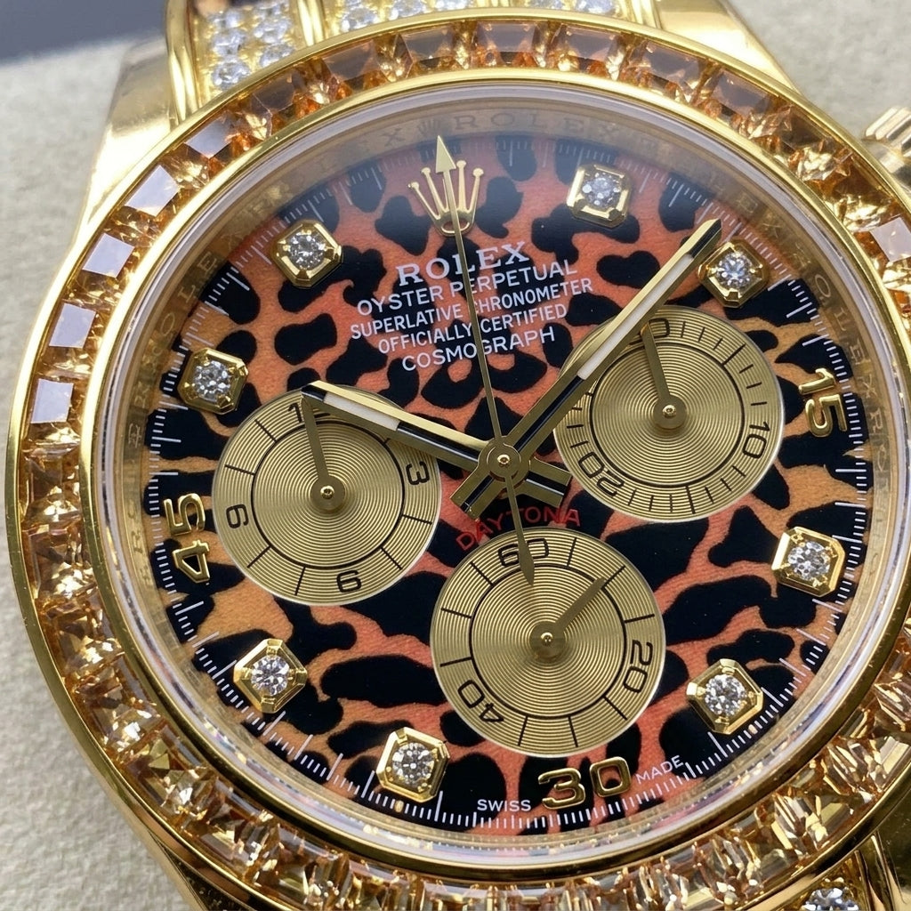 Macro of the leopard print dial, champagne gold counters and stone-set bezel