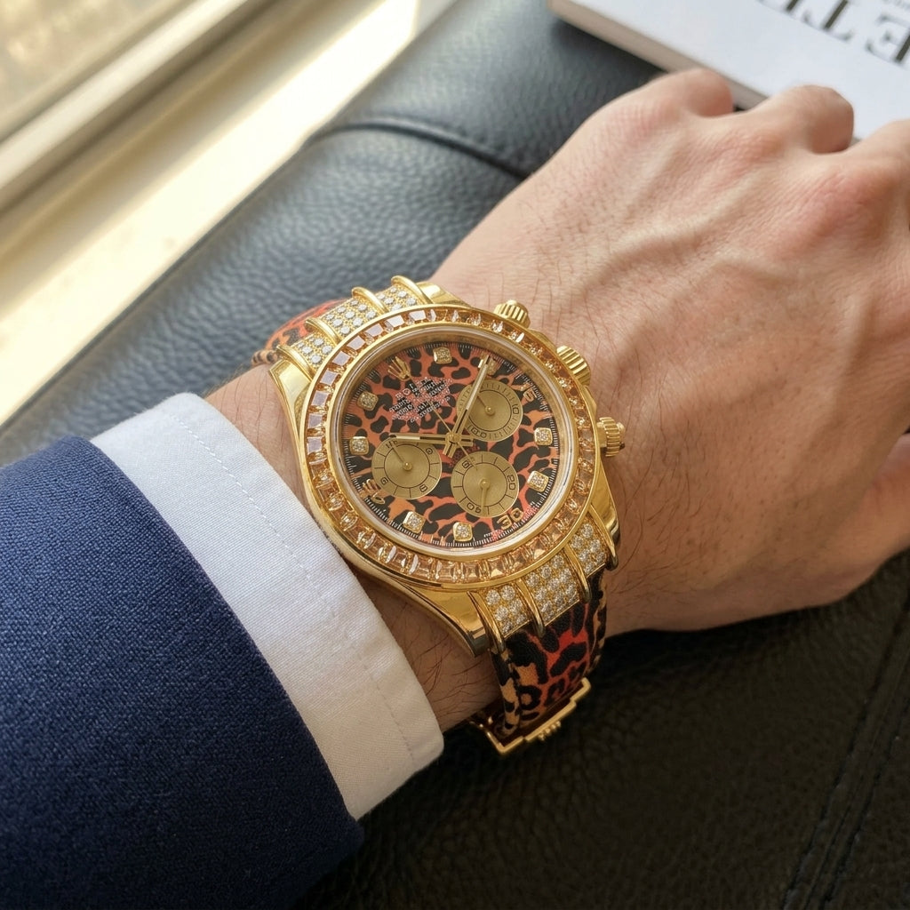 Leopard dial gold chronograph on a matching printed strap worn under a suit cuff
