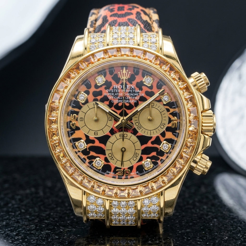 Leopard dial gold chronograph on a matching printed strap worn under a suit cuff