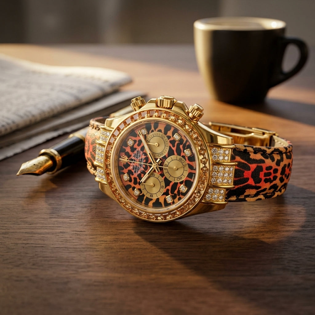 Yellow gold chronograph with a leopard dial and stone-set bezel on a dark walnut desk beside a fountain pen