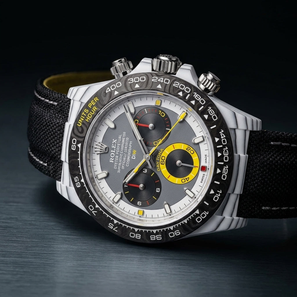 White CarboQuartz chronograph at a three-quarter angle, ribbed case flank and red-banded pusher visible