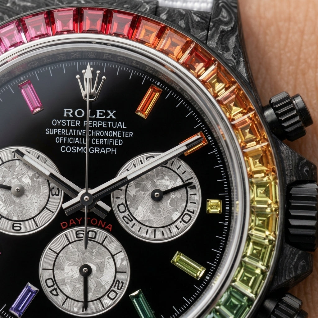 Macro of the glossy black dial with coloured stone hour markers and three silver meteorite-look counters inside the rainbow bezel