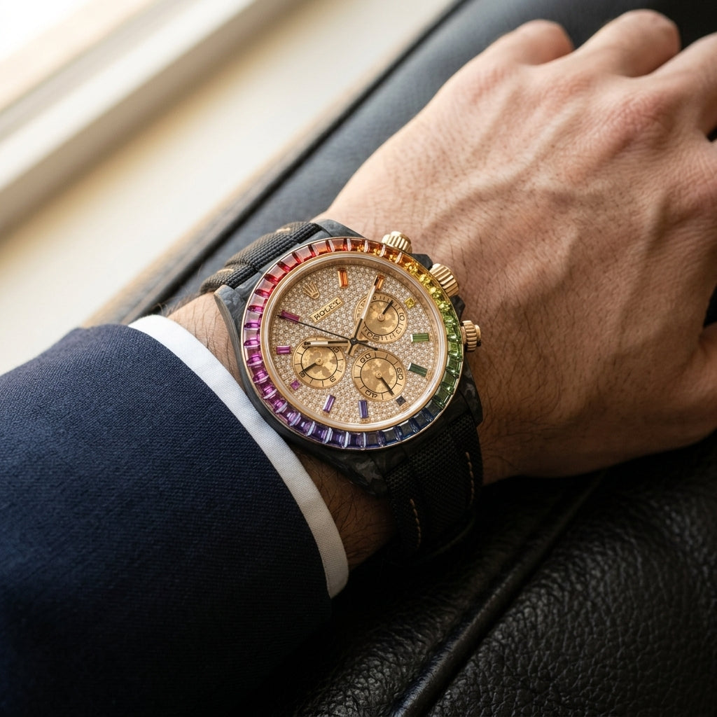 Rainbow-bezel carbon chronograph on its black woven strap with tan stitching, worn on the wrist below a dark suit cuff