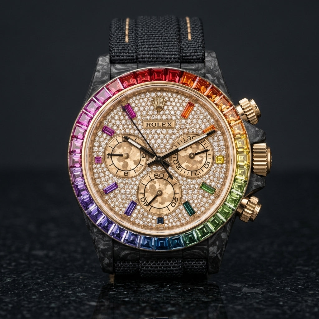 Rainbow-bezel carbon chronograph on its black woven strap with tan stitching, worn on the wrist below a dark suit cuff