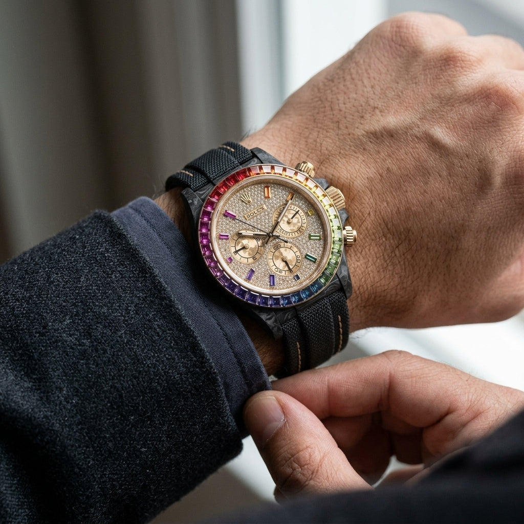 Black forged carbon chronograph with a rainbow gemstone bezel and a gold pavé dial on the wrist as a shirt cuff is fastened