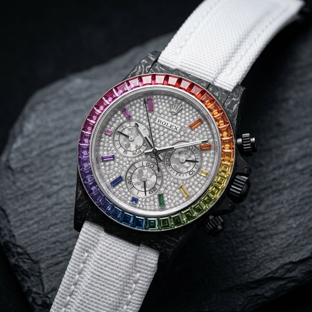 Black forged carbon chronograph at a three-quarter angle on dark slate, its black crown and pushers beside the rainbow bezel