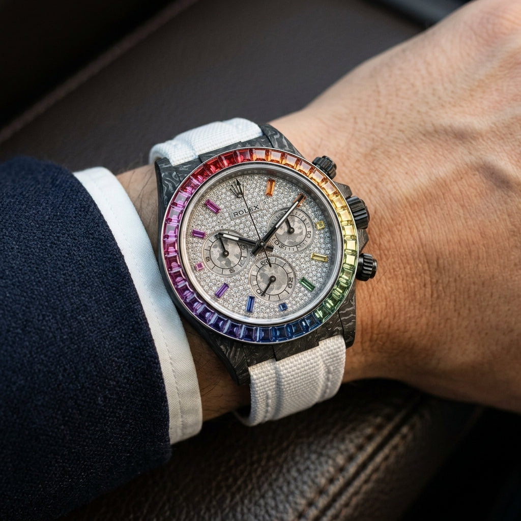 Rainbow-bezel carbon chronograph on its white woven strap, worn on the wrist below a navy suit cuff