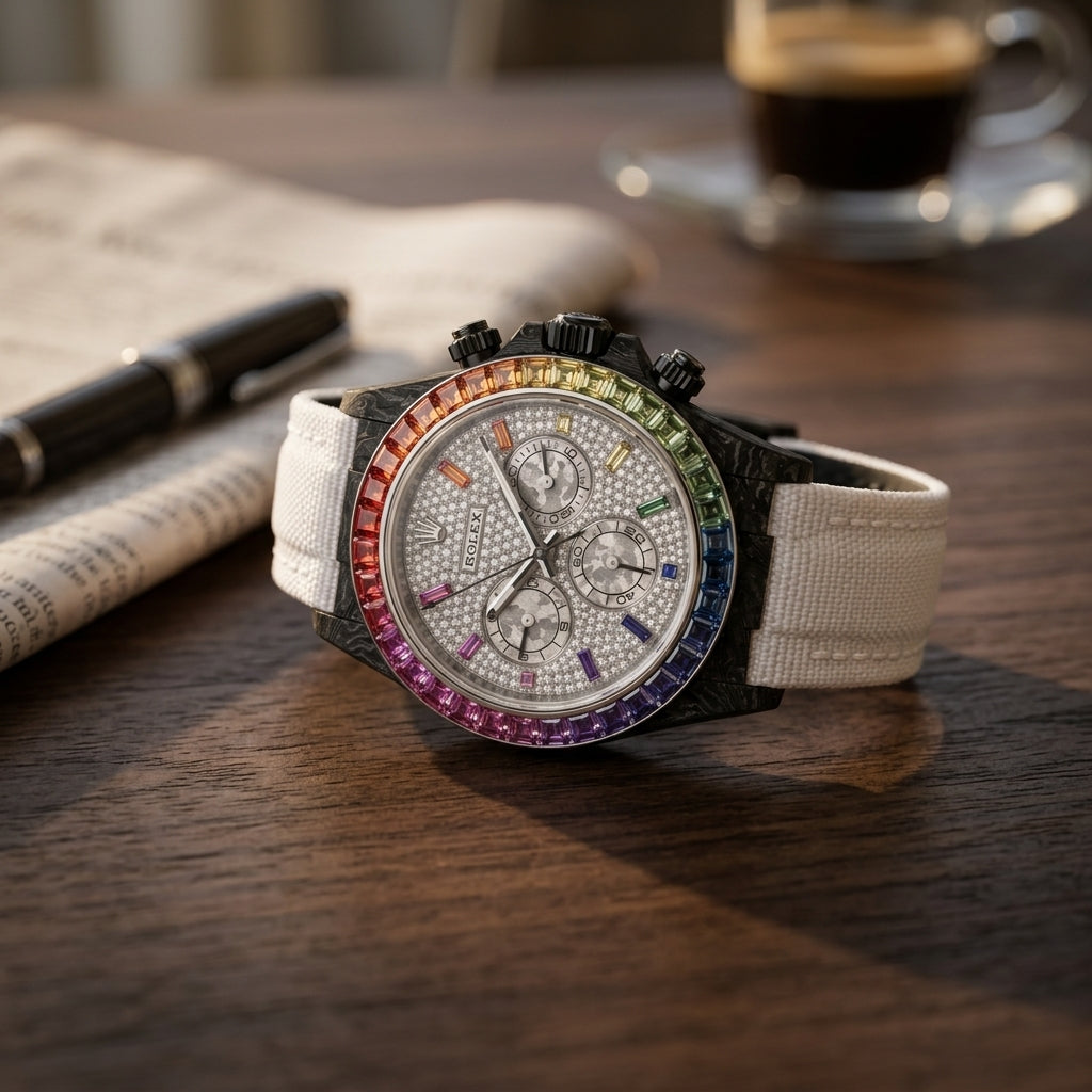 Black forged carbon chronograph with a rainbow gemstone bezel and a white pavé dial on a dark walnut desk beside a fountain pen