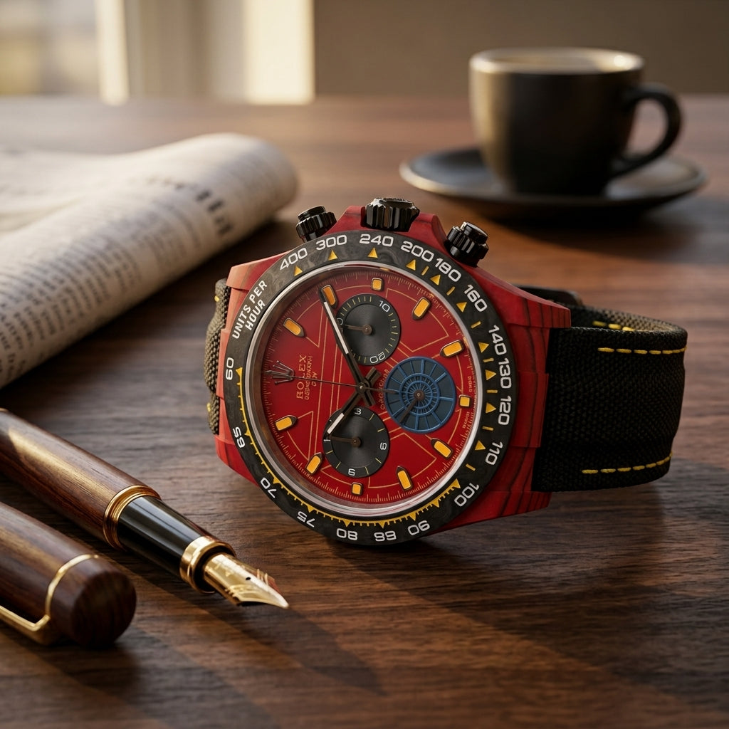 Red forged-carbon chronograph with a red dial and a blue wheel sub-dial on a dark walnut desk beside a fountain pen