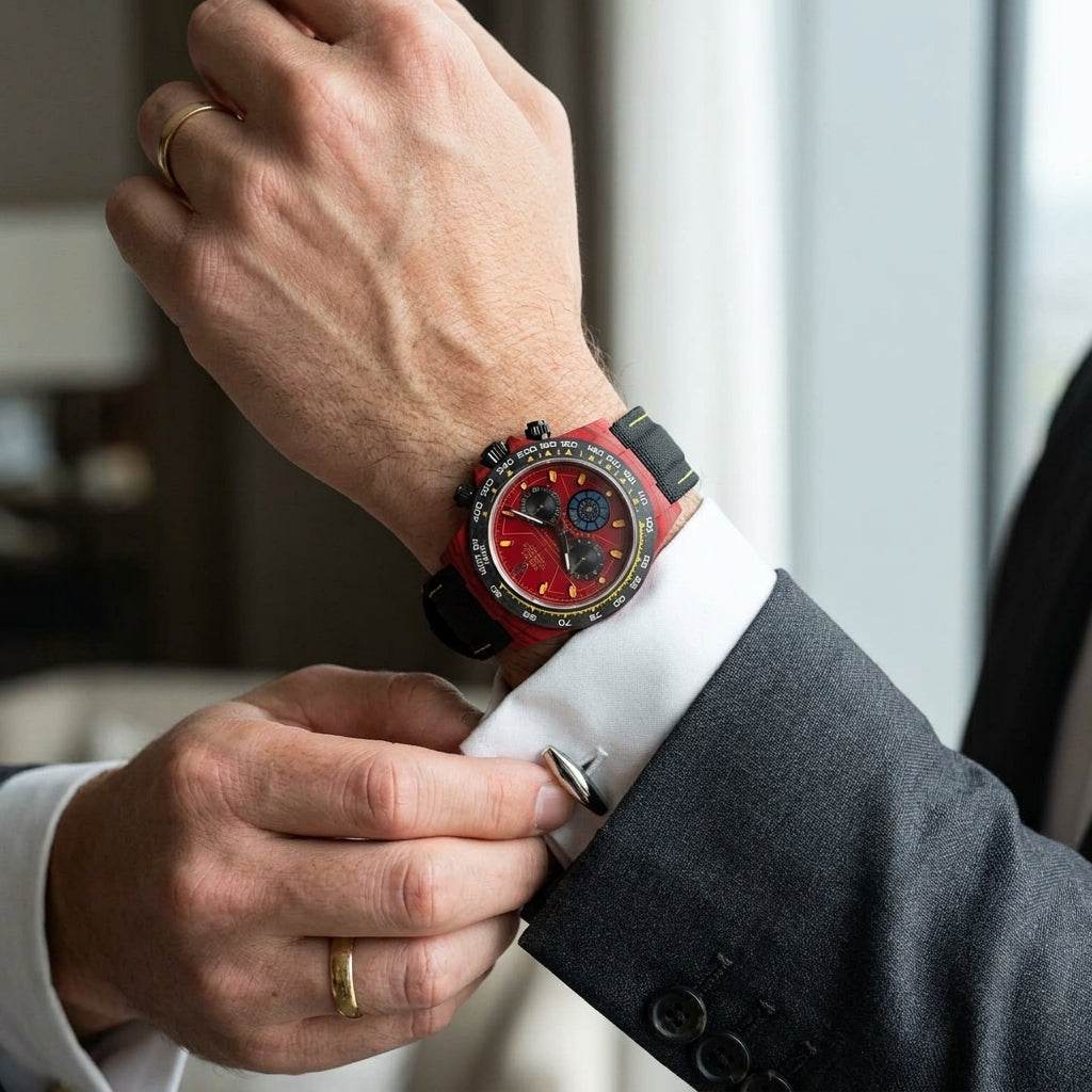 Red forged-carbon chronograph with a red dial and a blue wheel sub-dial on the wrist as a shirt cuff is fastened