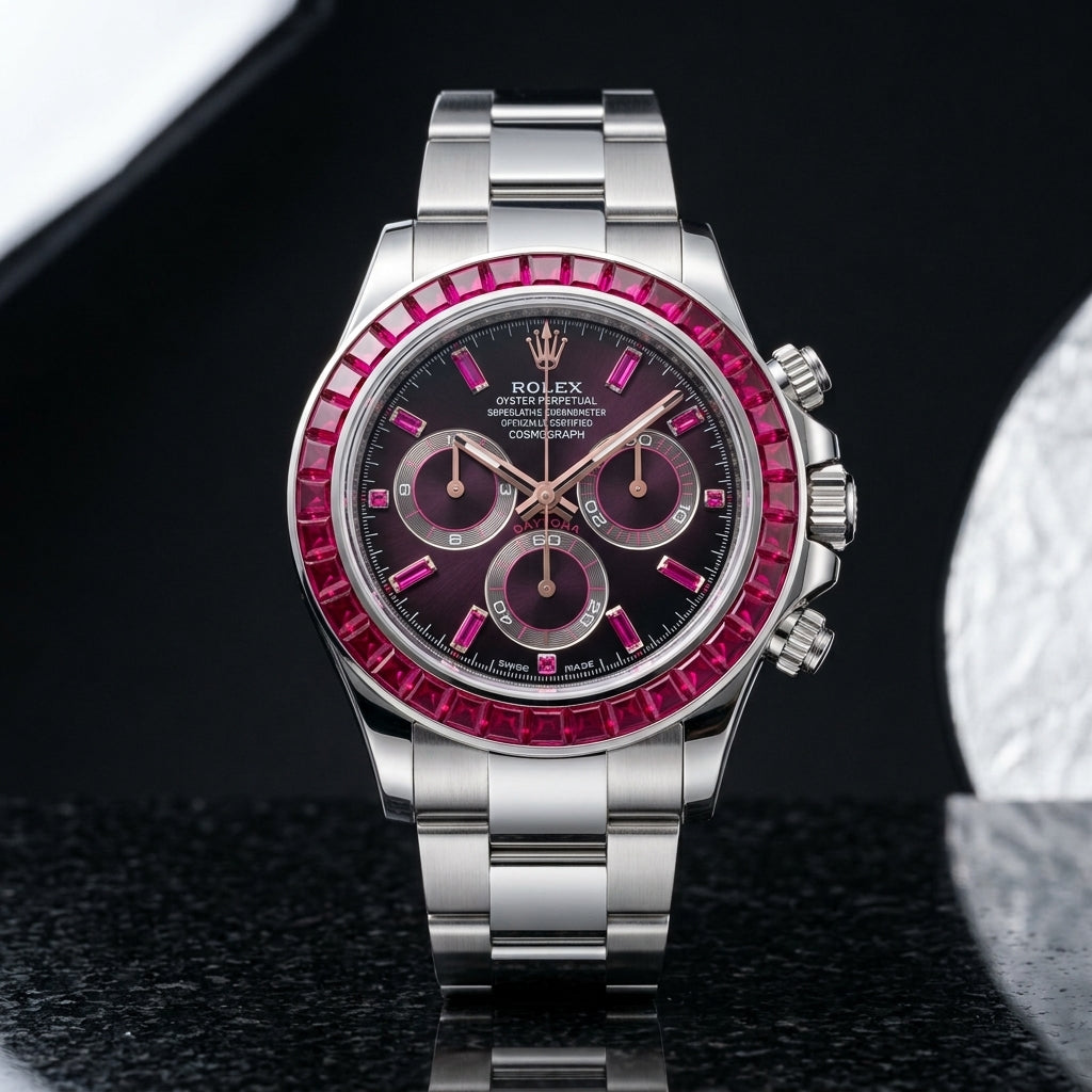 Steel chronograph with aubergine dial and ruby red stone bezel on black granite