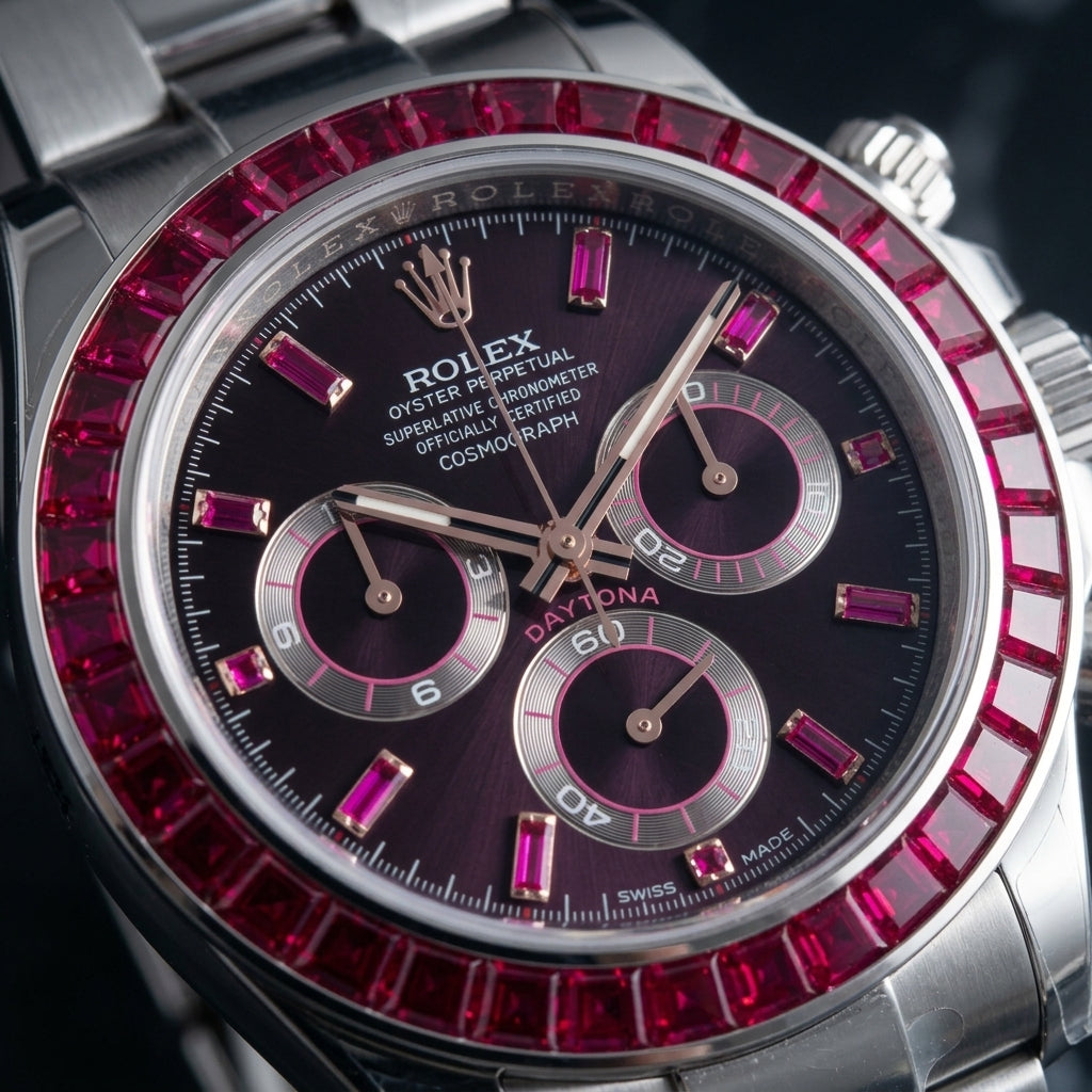 Macro of the aubergine dial, red baguette markers and rose gold hands