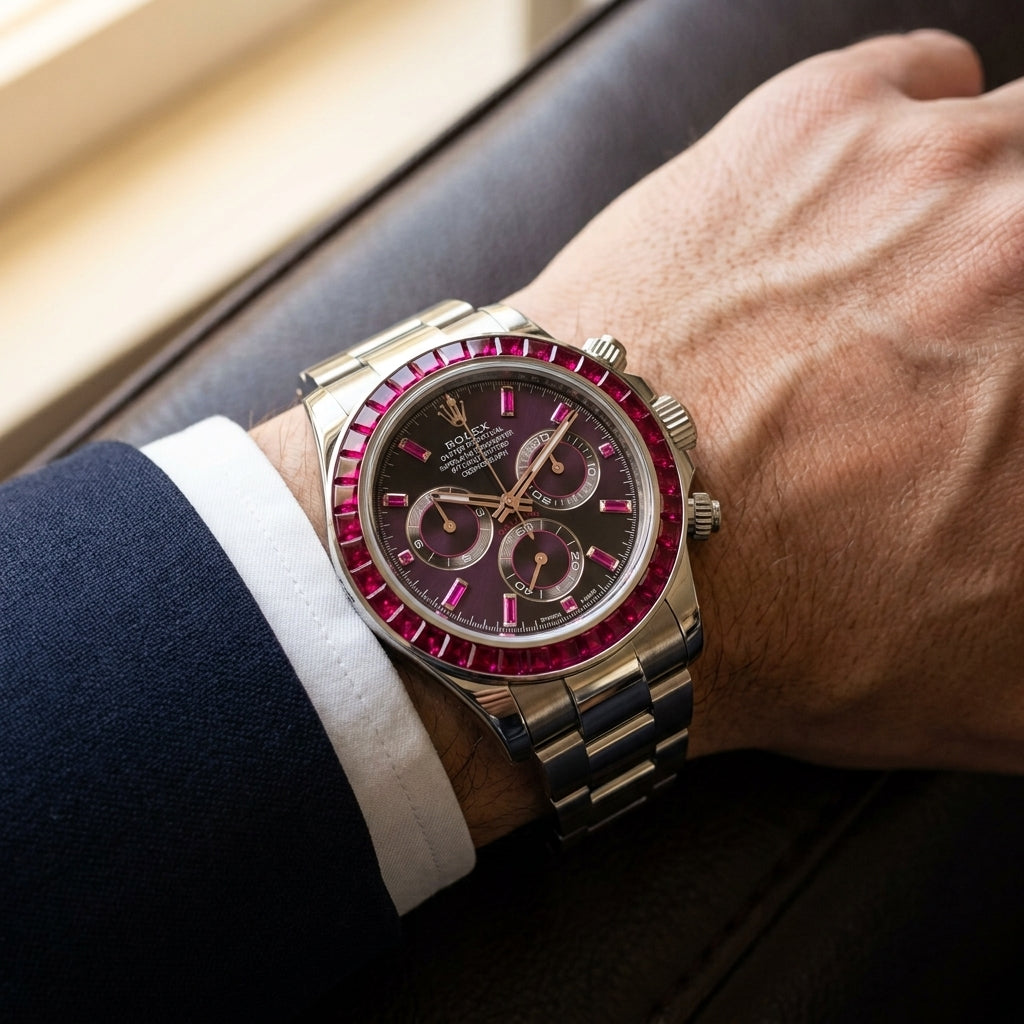 Aubergine dial steel chronograph worn under a navy suit cuff