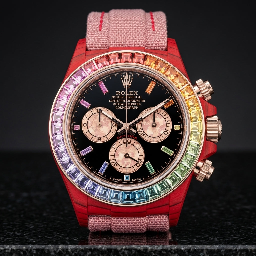 Red carbon chronograph with a rose-gold-set rainbow stone bezel and a black dial, upright on polished black granite