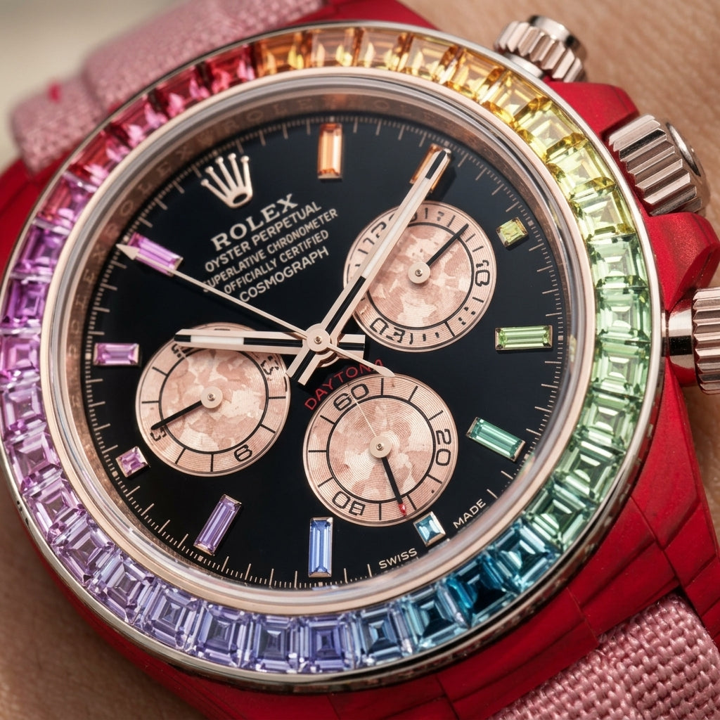 Macro of the glossy black dial with coloured stone hour markers and three rose counters inside the rainbow bezel