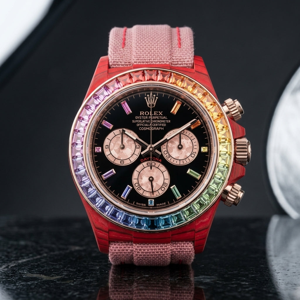 Red carbon chronograph with a rainbow bezel on its dusty-pink woven strap with red stitching, worn on the wrist below a cream sleeve