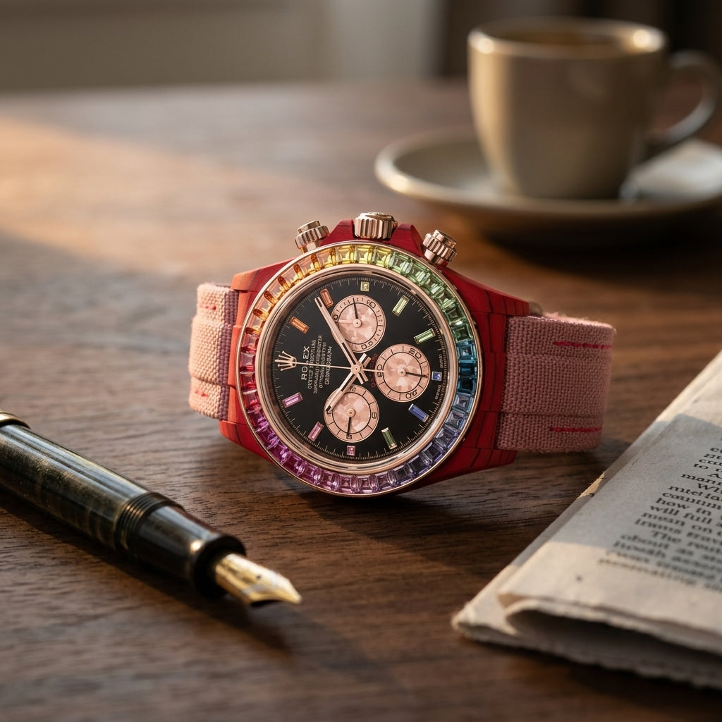 Red carbon chronograph with a rose-gold-set rainbow stone bezel and a black dial on a dark walnut desk beside a fountain pen